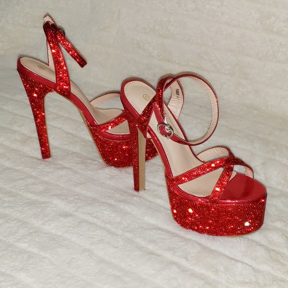 Bejeweled Pandora Bright Red Sparkling Rhinestone Platform 6.5" Heels Shoes - Picture 4 of 17